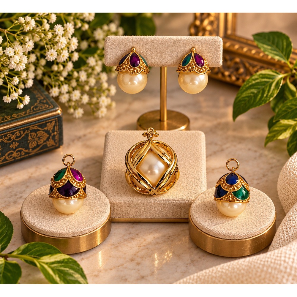 Vintage 90s Faberge Style Jewelry Set Gold Enamel Pearl Egg Charms & Earrings